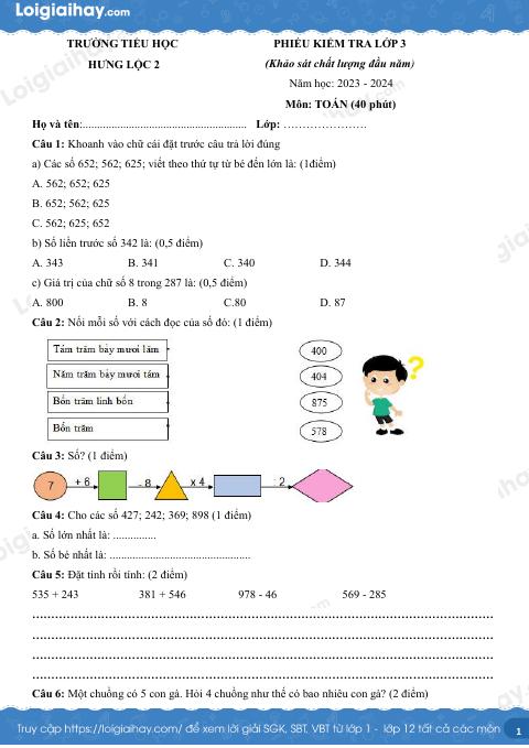 Đề khảo sát chất lượng đầu năm Toán 3 trường Tiểu học Hưng Lộc 2 năm học 2023 - 2024